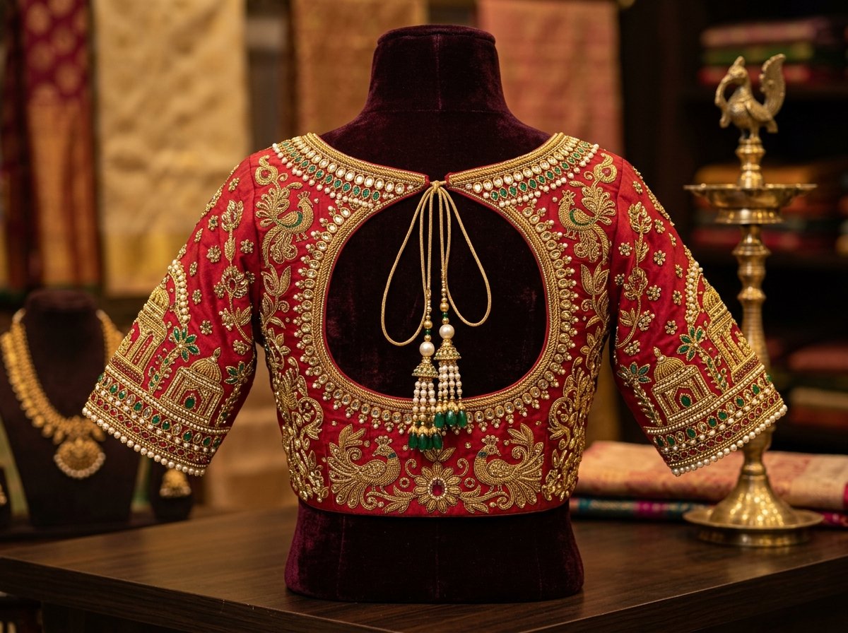 Grand bridal blouse in crimson red with heavy golden maggam work and temple motifs