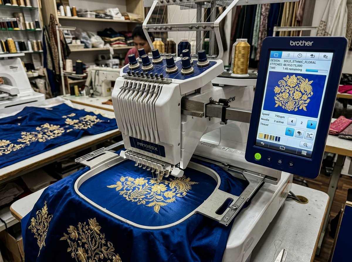 Modern computerized multi-needle embroidery machine stitching gold ethnic motifs