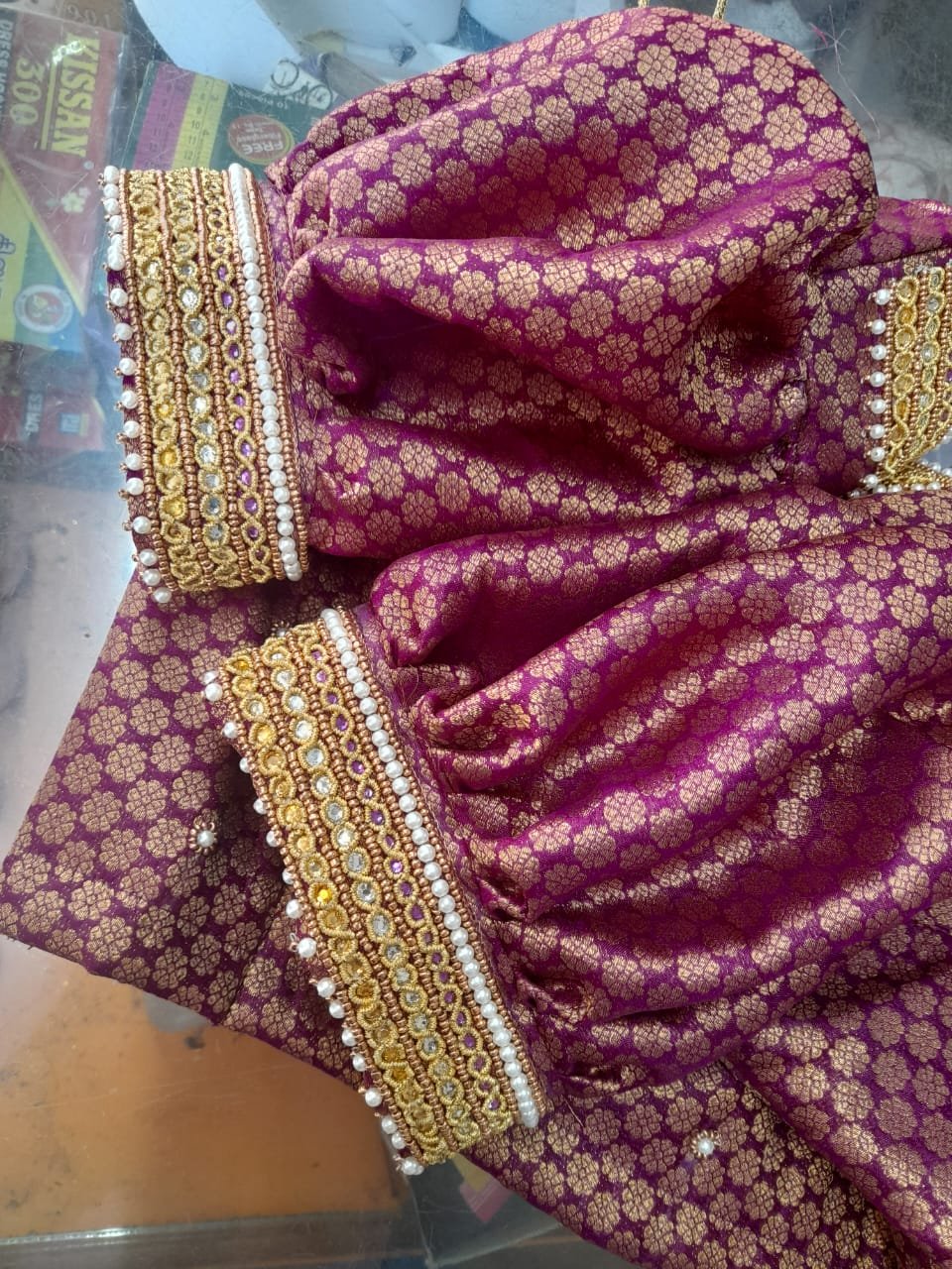 Dark purple silk blouse elbow sleeve with heavy zardozi aari embroidery