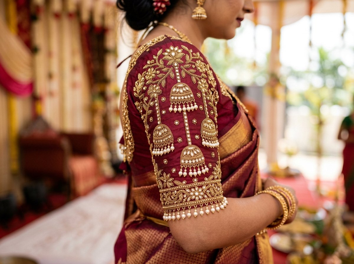 Elbow sleeve maggam work with jhumka motifs and hanging pearls