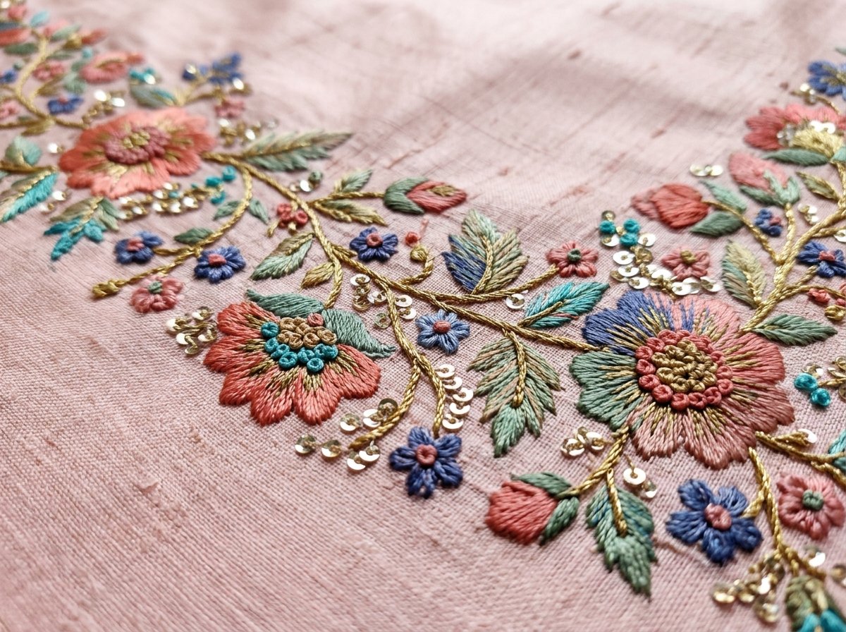Delicate resham hand embroidery with floral motifs and French knots on blush silk