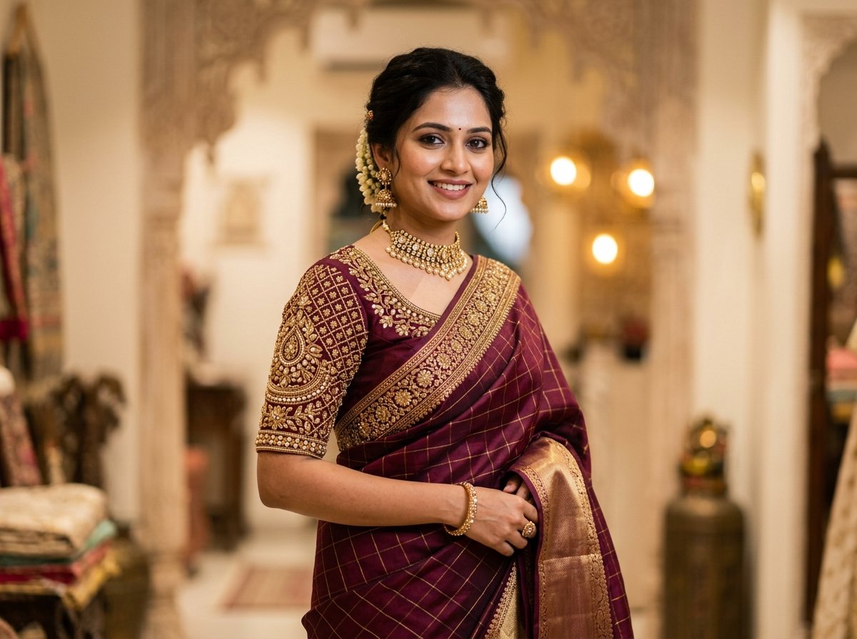 Indian woman wearing an elegantly embroidered wine maroon maggam blouse with traditional silk saree
