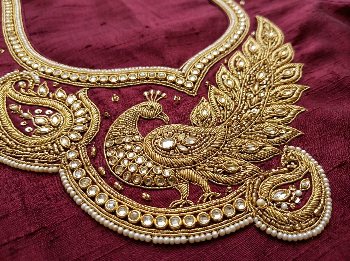 Intricate peacock maggam work with zardozi kundan stones and pearls on maroon silk